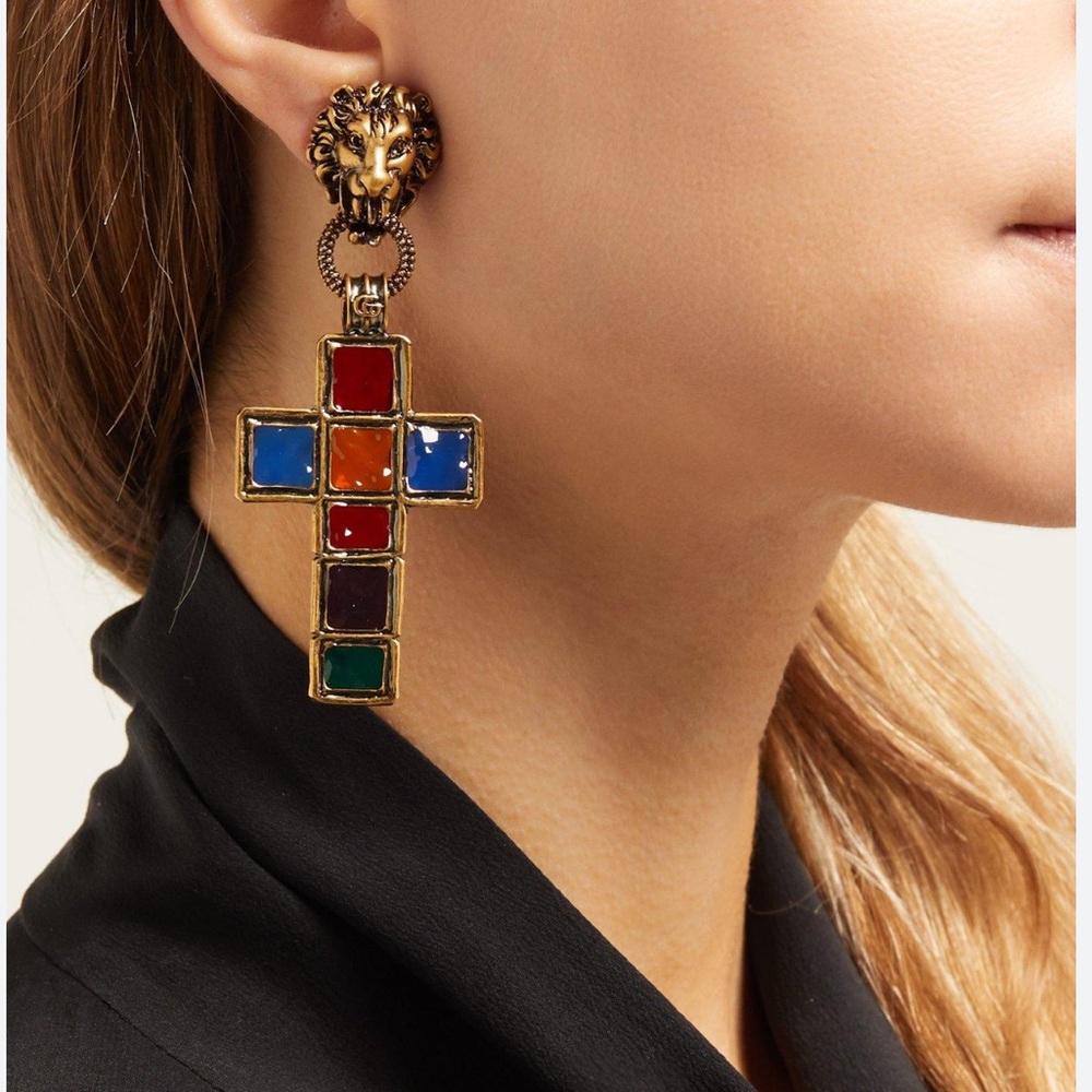 Authentic Gucci Enamelled Cross Clip Earrings